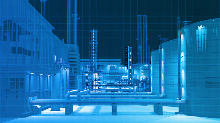 View from camera building scan in the dark in oil refinery factory building , 3D rendering for background composite.